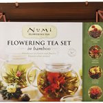 Numi Organic Tea Flowering Gift Set in Handcrafted Mahogany Bamboo Chest: Glass Teapot & 6 Flowering Tea Blossoms